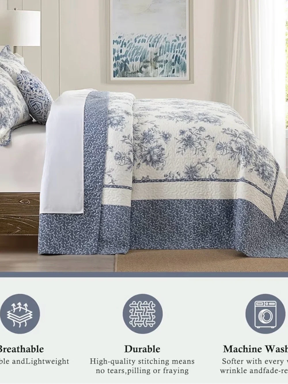 Classic Blue and White Floral Quilt Set -